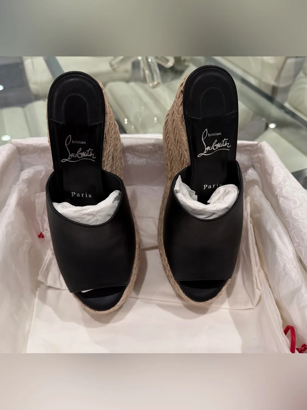 Christian Louboutin Black Leather Espadrille Wedge Sandals with Red Sole